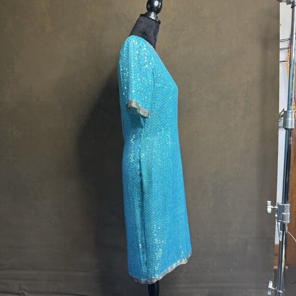 STENAY Vintage 80's VTG Teal Blue 100% Silk Sequin Beaded Cocktail Party Dress 6 - Picture 2 of 13